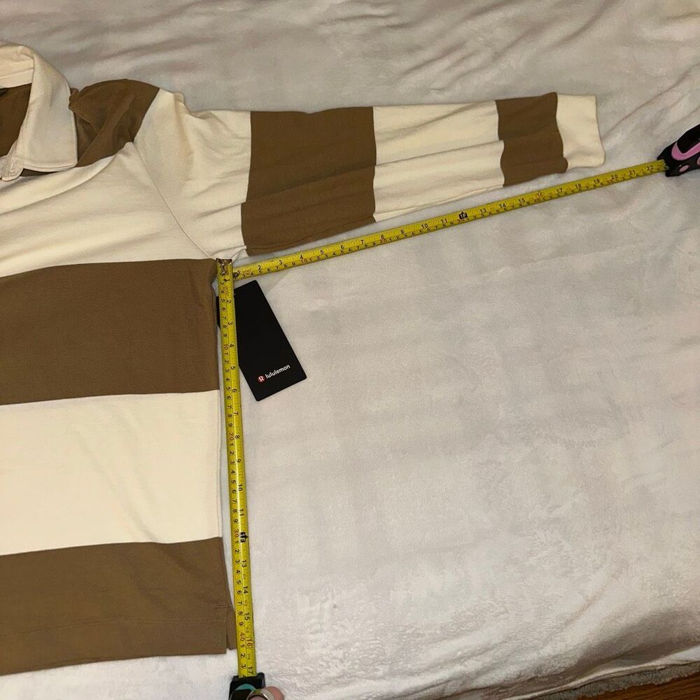 Lululemon Men’s Medium Long Sleeve Cotton Rugby Shirt Tan and Cream Stripes NWT - Picture 7 of 8